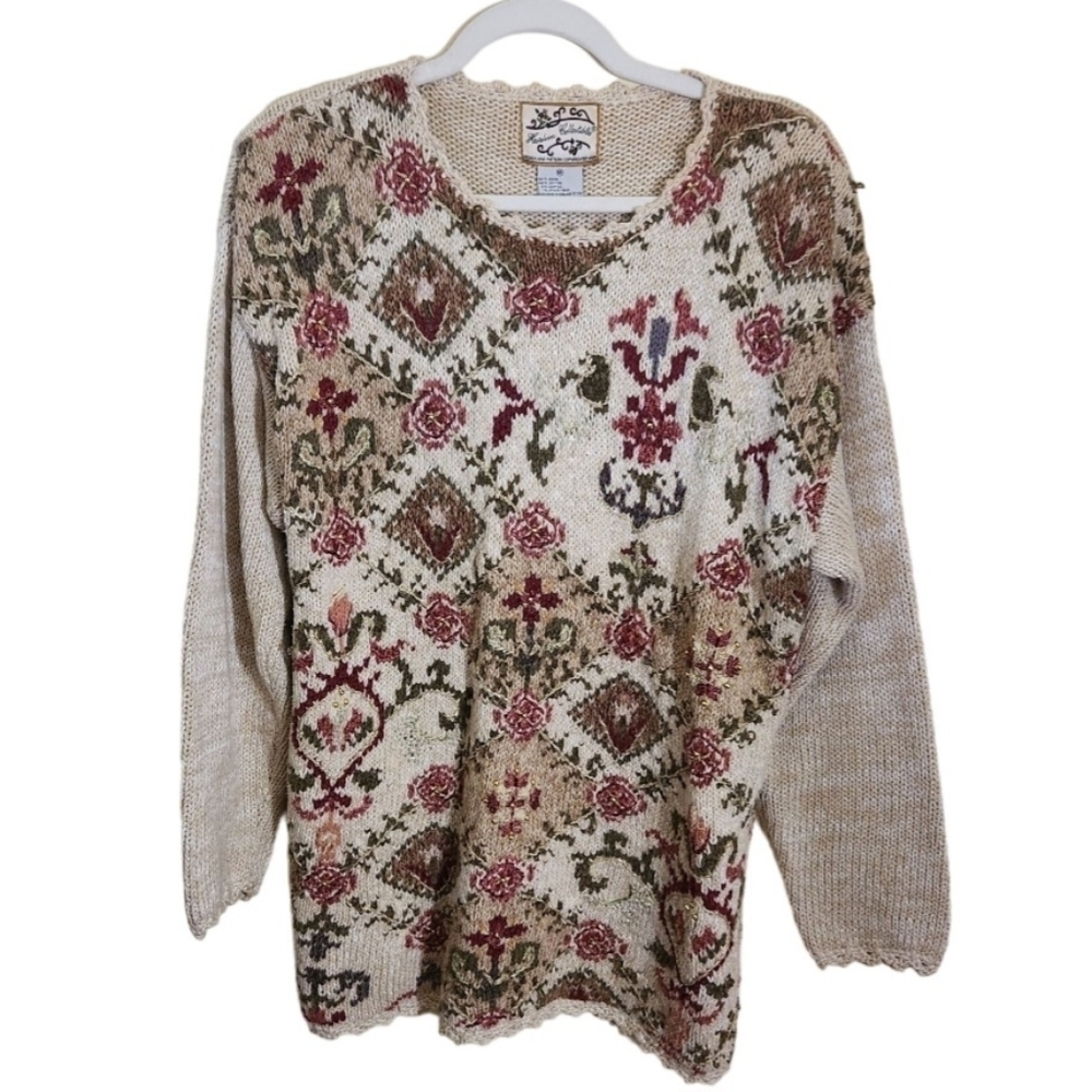 Vintage 80s Heirloom Collectables Beige Marled Embellished Dress Tunic Size M